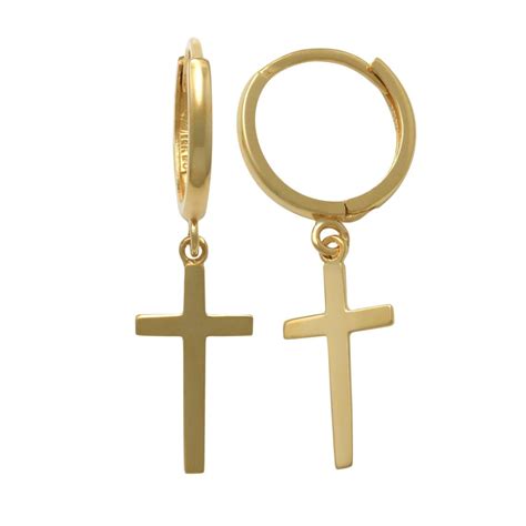 Anygolds 14k Real Solid Gold Cross Huggie Hoop Earrings Dainty Minimalist Gold Cross Charm