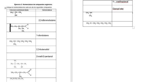 Ejercicio 2 Nomenclatura de compuestos orgánicos Indique la