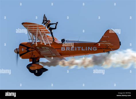 Vintage Boeing Stearman Biplane Of The Breitling Wing Walkers Stock