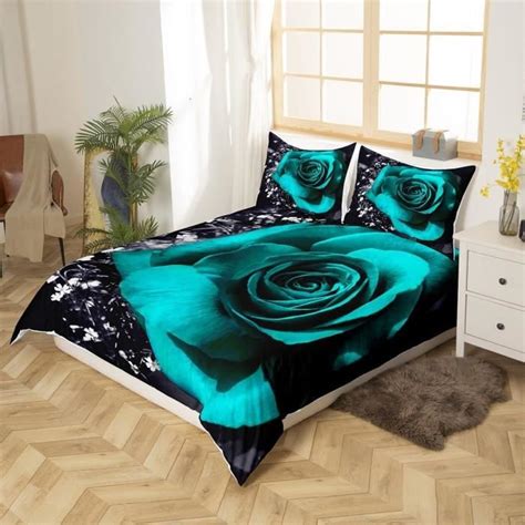 Rose Housse De Couette X Cyan Noir Romantique Rose Fleur Ensemble