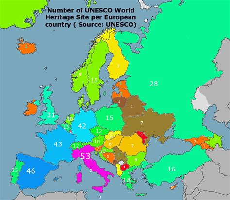 Number of UNESCO World Heritage Sites per European country (source ...