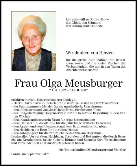 Todesanzeigen Von Olga Meusburger Todesanzeigen Vorarlberger Nachrichten