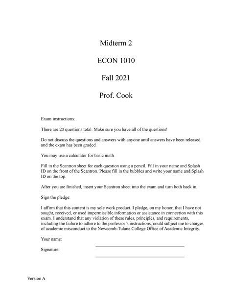 Midterm 2 Fall 2021 Version A Midterm 2 ECON 1010 Fall 2021 Prof