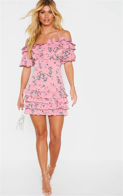 Pink Floral Print Ruffle Puff Sleeve Shift Dress | PrettyLittleThing USA