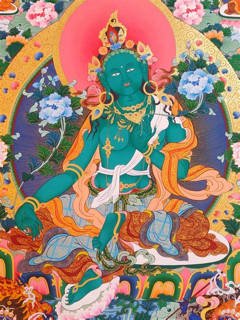 Green Tara Thangka Tibetan Buddhist Art Hand Painted Real Gold