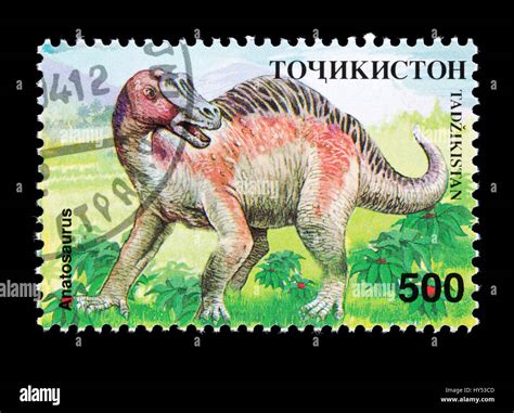 Postage Stamp From Tajikistan Depicting A Anatosaurus Dinosaur Stock