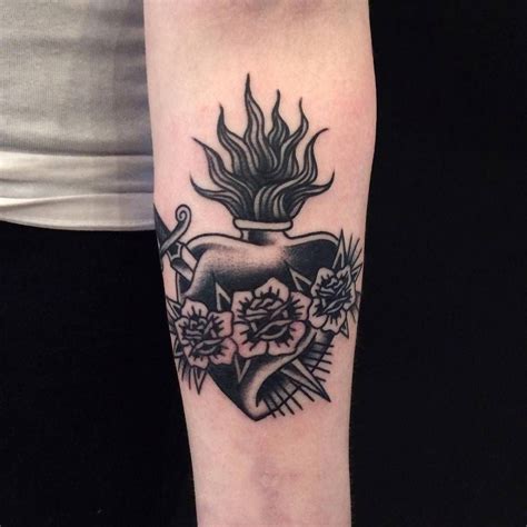 Traditional Blackwork Flaming Heart Crossed By A Dagger Sacred Heart