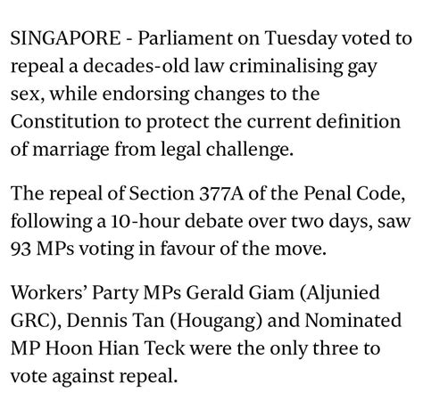 Parliament Has Repealed Section 377a The Law Criminalising Sex Between