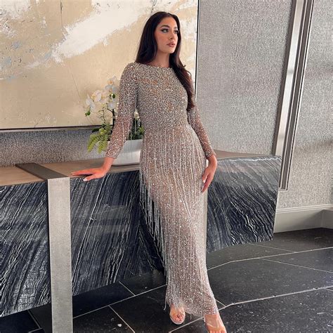 Luxury Beading Tassel Silver Nude Dubai Evening Dress Long Sleeves