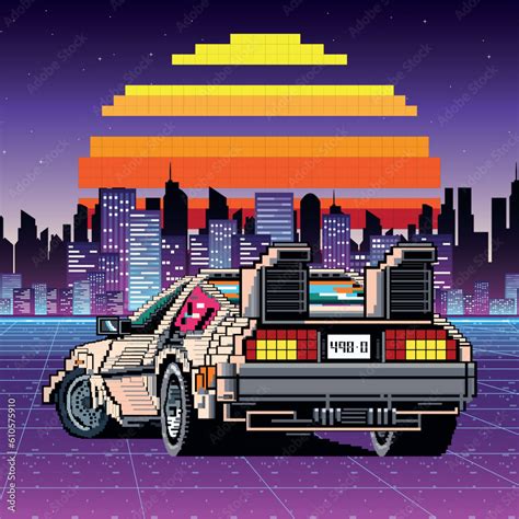 Retro Futuristic Delorean On The Background Of The Landscape Of The