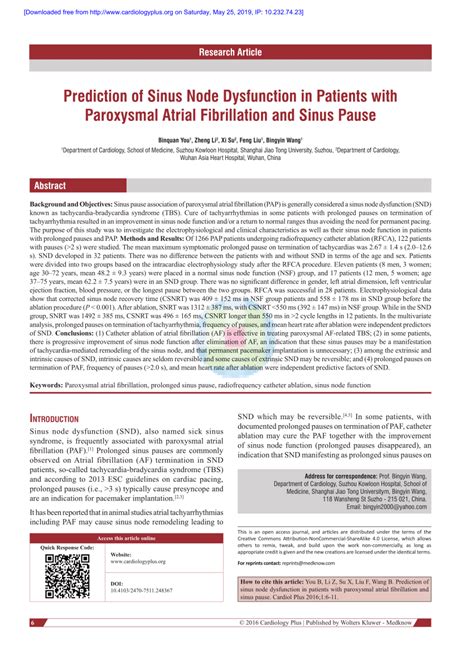 PDF Prediction Of Sinus Node Dysfunction In Patients With Paroxysmal