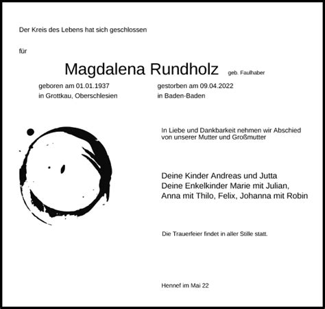 Traueranzeigen Von Magdalena Rundholz Wirtrauern