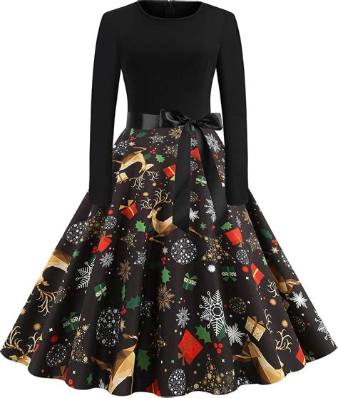 Christmas Dress Womens Midi Long Sleeve 50s Swing Dress Rockabilly