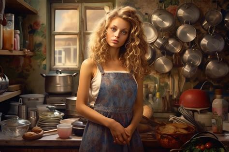 Premium Ai Image A Woman Stands In A Kitchen With Pots And Pans On