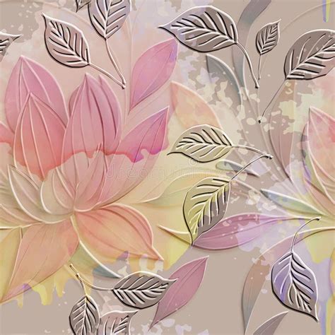 Lotus Flowers Textured D Seamless Pattern Floral Embossed Watercolor