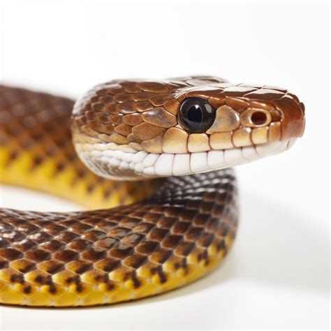 Premium AI Image | A brown snake with white and yellow skin and black stripes on its head.