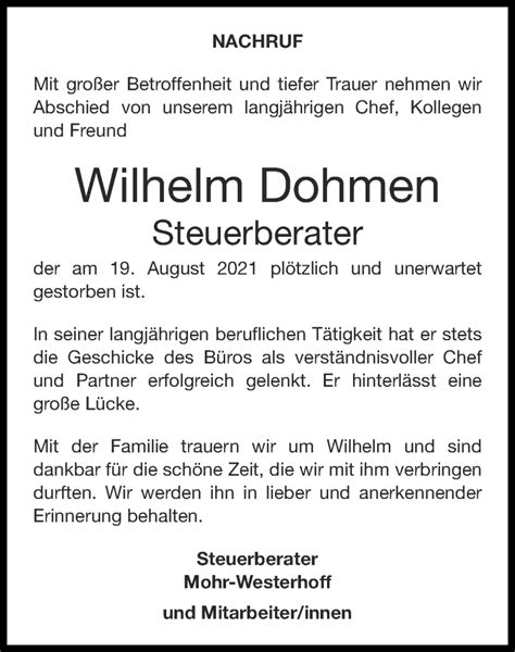 Traueranzeigen Von Wilhelm Dohmen Aachen Gedenkt