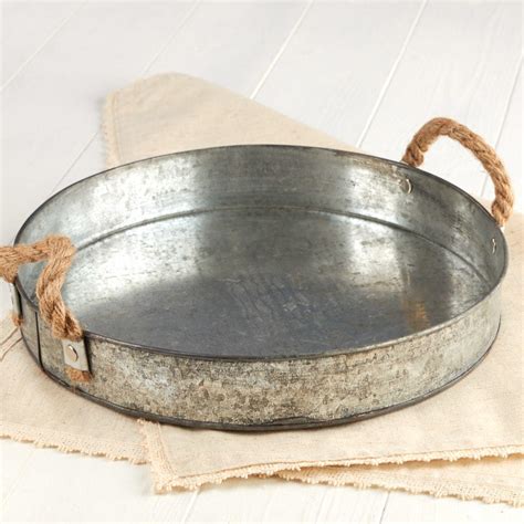 Round Rustic Galvanized Tray With Rope Handles Decorative Accents Primitive Decor Factory