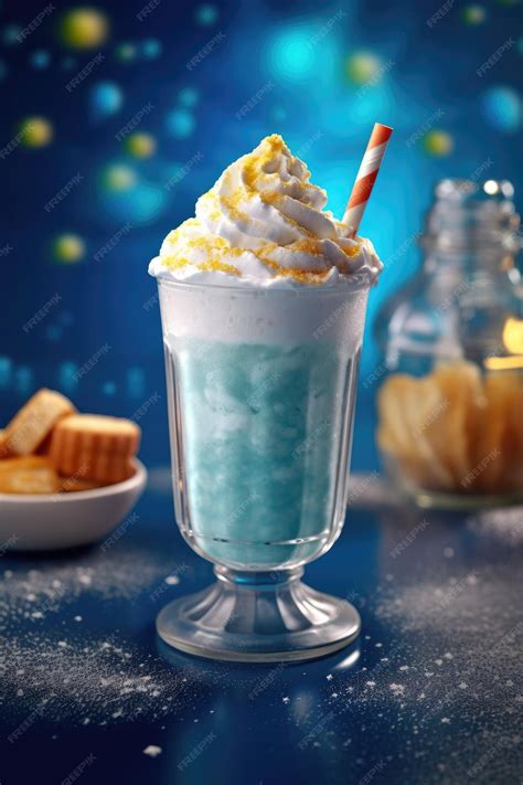 Premium Ai Image A Blue Milkshake With A Straw And A Red And White