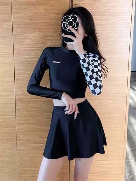 Swimming Suits Women Korean Sports Long Sleeved Swimwear Slim Sexy Gathered Top Split Bikini Hot