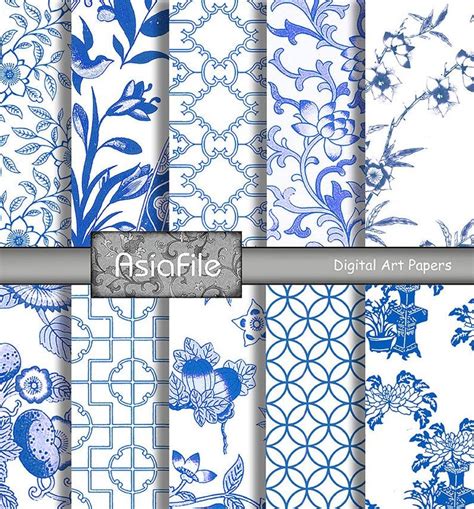 Ten Digital 12 X 12 Inch Chinoiserie Blue And White Asian Designs