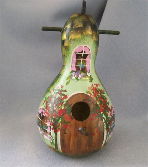 HouseOfGourds On Etsy Hand Painted Green Cottage Birdhouse Gourd By