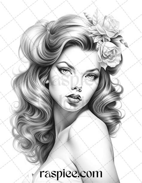 50 Vintage Pin Up Girls Grayscale Coloring Pages Printable For Adults In 2023 Grayscale