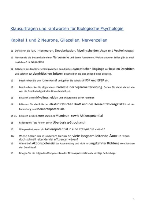 Klausurfragen und Antworten plus Aufgaben Güntürkün Klausurfragen und