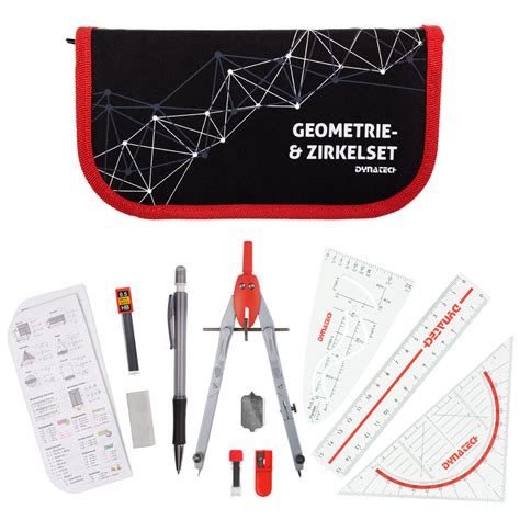 DynaTech Geometrie und Zirkel Set 12 teilig Reißverschluss Etui rot