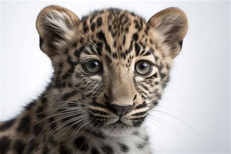 Close Up Of A Cute Amur Leopard S Face On A White Background Stock