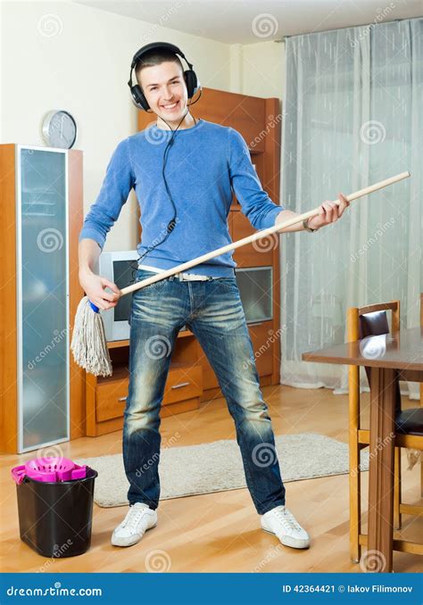 Happy Man Cleaning His House With Mop Stock Image Image Of Chores