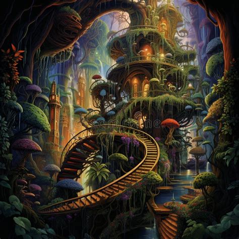 Majestic Jungle Emerging From Intricately Detailed Spiral Staircase