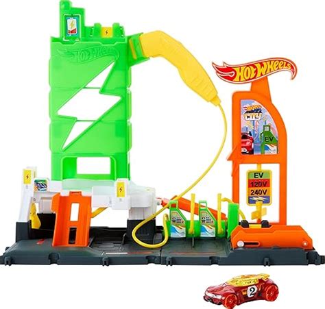 Hot Wheels City Super Recharge Fuel Station Playset With EV Chargers And 1 64 Scale Toy Car In