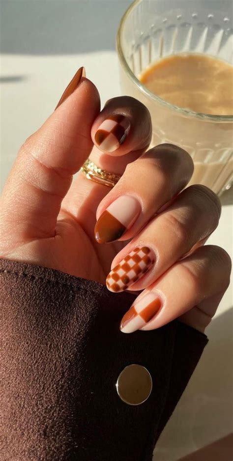 50 Trending Autumn Nail Colours And Designs Brown Checker Board Nails