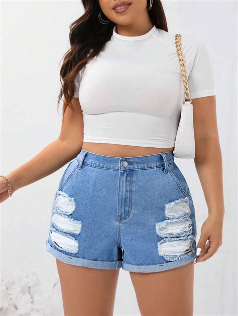 SHEIN Essnce Plus Size Summer Ripped Frayed Hem Mini Denim Shorts