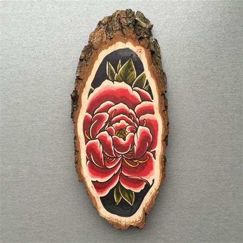 Wood Slice With An Original Drawing Of A Peony Japanese Etsy