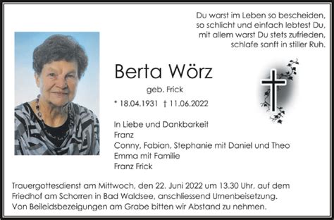 Traueranzeigen von Berta Wörz schwaebische de Trauerportal