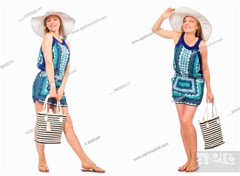 Collage Of Woman With Panama Hat Isolated On White Stock Photo