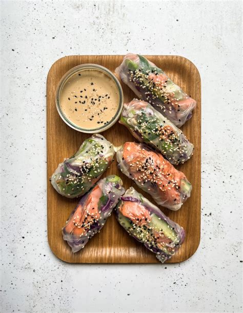 Salmon Rice Paper Rolls Spicy Tahini Sauce Liv Kaplan Healthy Recipes