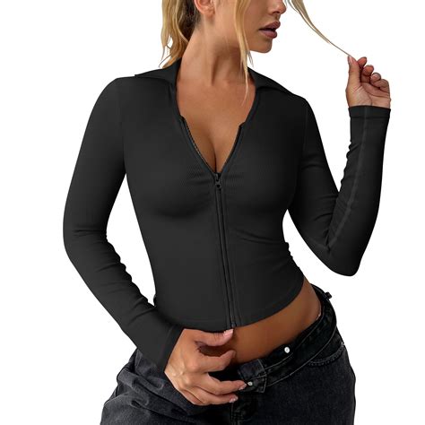 OQQ Womens 1 Piece Long Sleeve Shirts Zipper Fashion Sexy Basic Tops