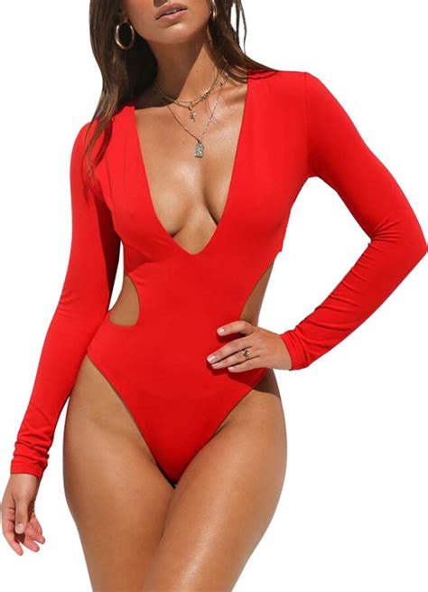 Sumtory Rashguards For Women Long Sleeve Bathing Suit Monokini Plunge V