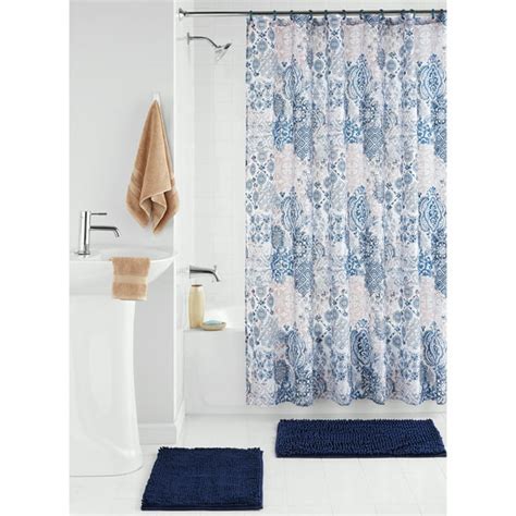 Mainstays Bode 15 Piece Damask Polyester Shower Curtain Set White Blue