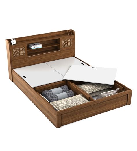 Buy Kosmo Rayan Queen Size Bed In Natural Teak Finish With Box Storage