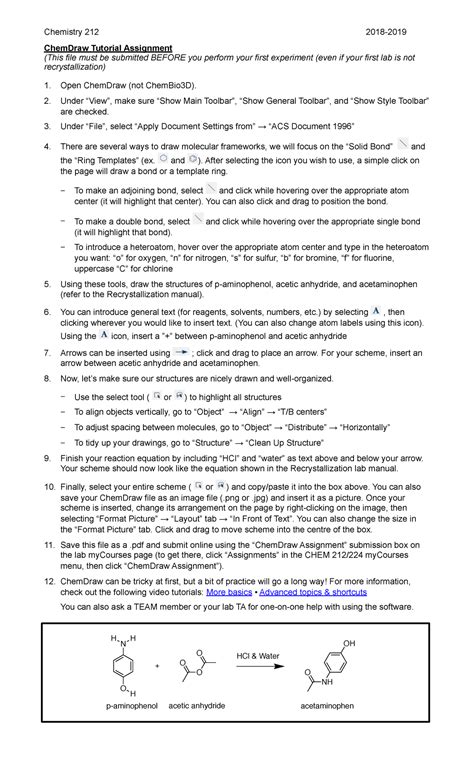 Chem Pre Lab 1 Chemistry 212 2018 2019 ChemDraw Tutorial Assignment