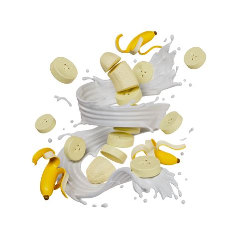 Sliced Banana Splashes Milk Isolated On Background 3D Render