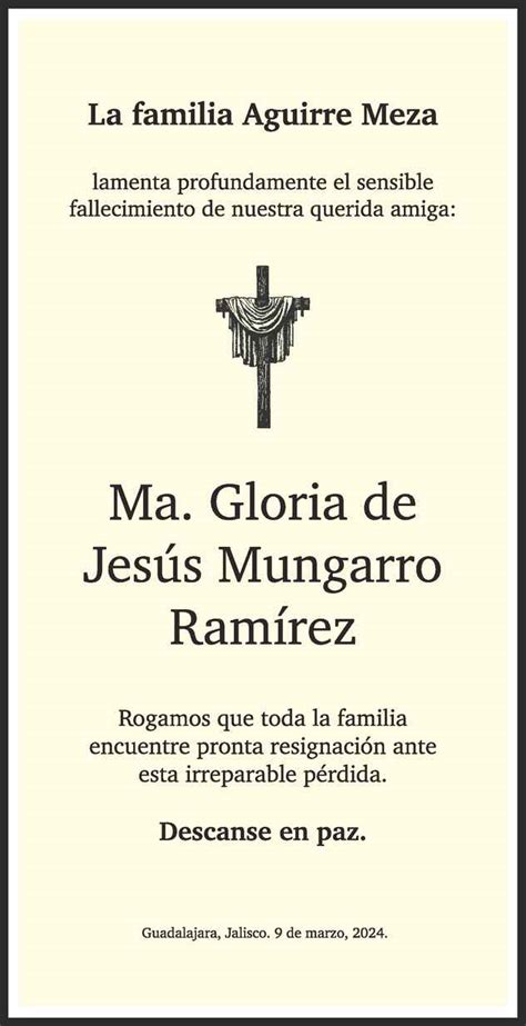 María Gloria de Jesús Mungarro Ramírez Obituario Esquela