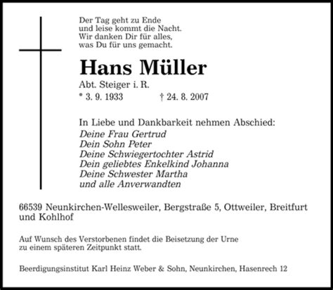 Traueranzeigen von Hans Müller Saarbruecker Zeitung Trauer de