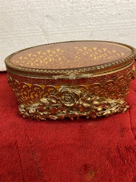 Antique Gold Ormolu Filigree Glass Casket Jewelry Box Gem