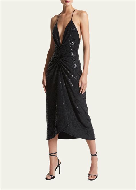 Michael Kors Sequin Embellished Ruched Midi Dress In Black Modesens