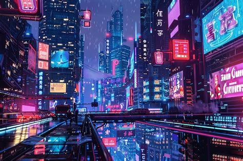 Un Paisaje Urbano Cyberpunk Con Se Ales De Ne N Parpadeantes Una Ia